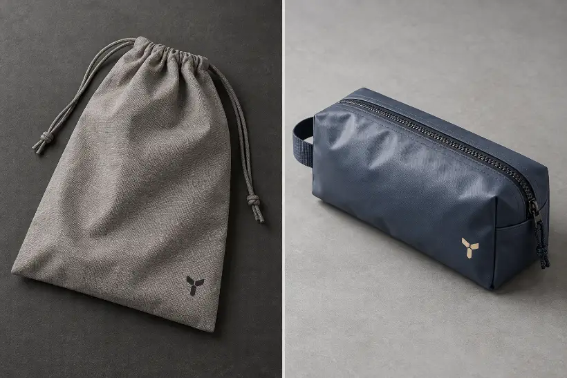 Toiletry Bag Material and Closure Options Grey drawstring pouch and navy zipper toiletry bag showing different material and closure options