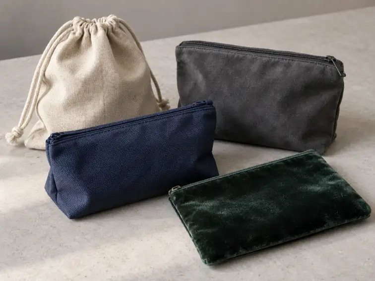 Travel Bag Material Options Canvas, microfiber, recycled polyester and velvet travel bag samples