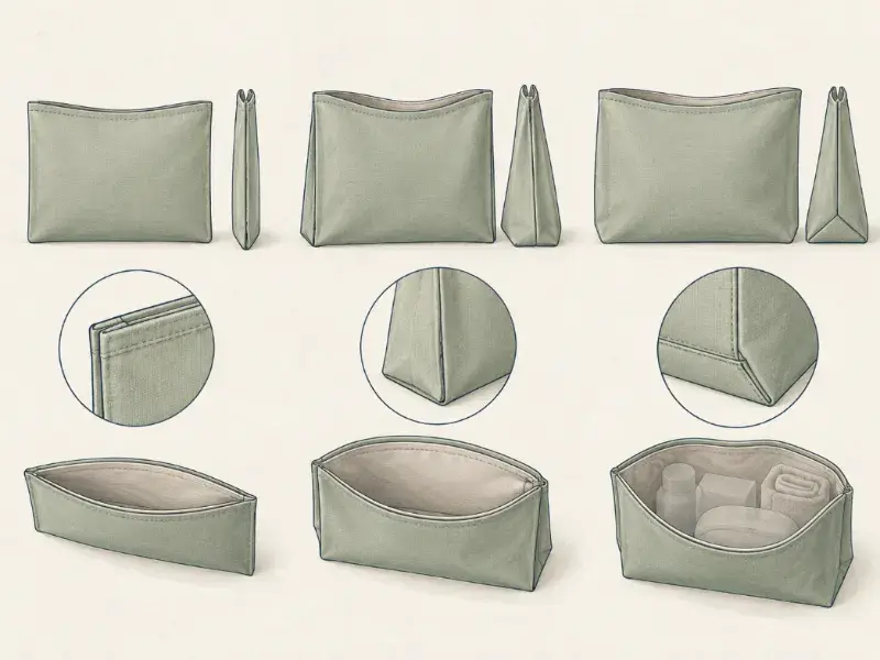 Amenity Bag Capacity, Shape and Opening Options Technical illustration comparing flat, gusseted and structured-bottom soft amenity pouch formats