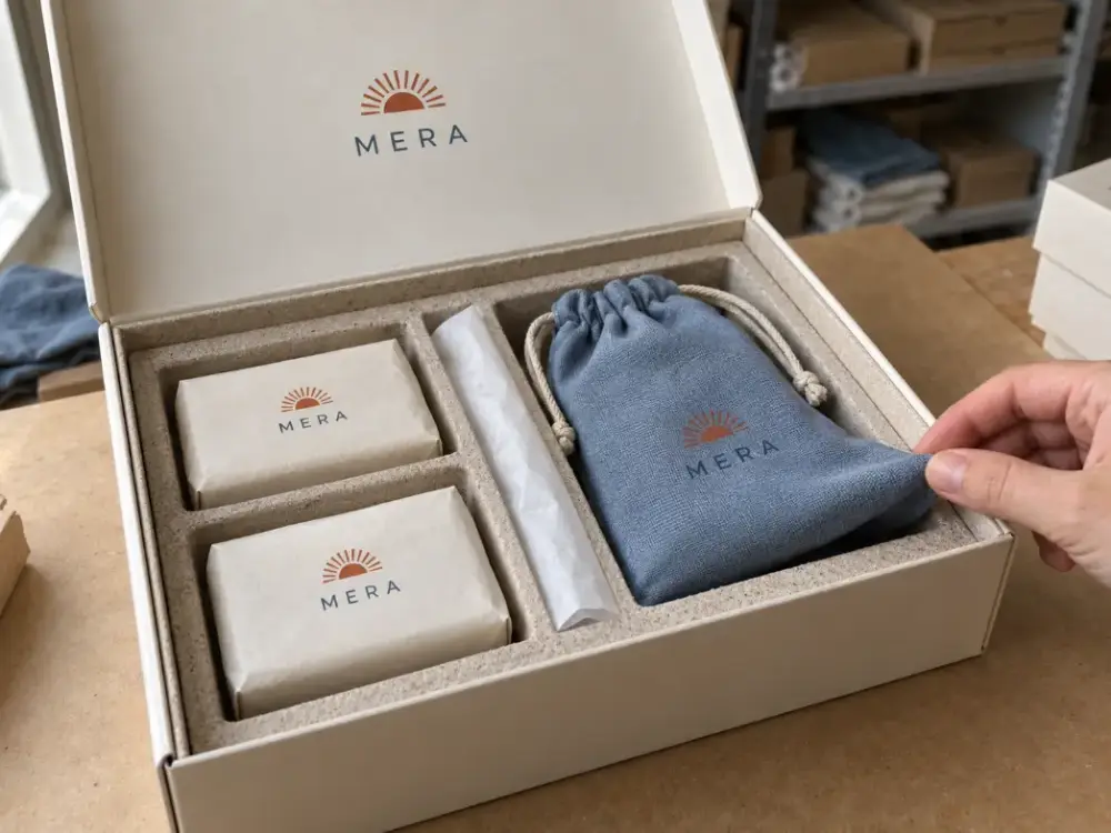 Bar Soap Gift Set and Pouch Fit Review Wrapped bar soaps and a folded cotton pouch in separate compartments of an open gift box