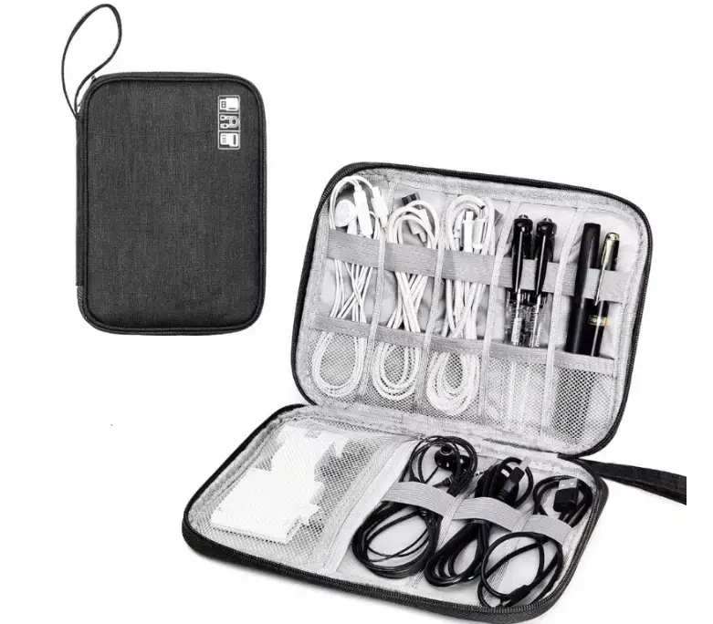 Cable Pouch Zipper and Corner Detail Concept Partly zipped cable pouch showing zipper path, slider, reinforced corner and loaded pouch thickness.