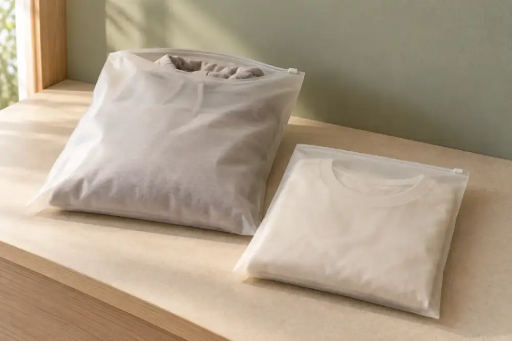 Clothing Bag Size Branding and Reuse Planning Two clothing bag sizes holding folded apparel with blank front panels reserved for future artwork.