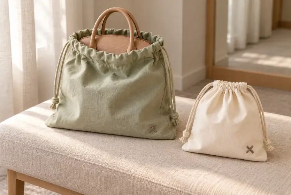 Cotton Dust Bag Size and Fit Comparison Large sage cotton dust bag protecting a tan handbag beside a smaller closed ivory pouch.