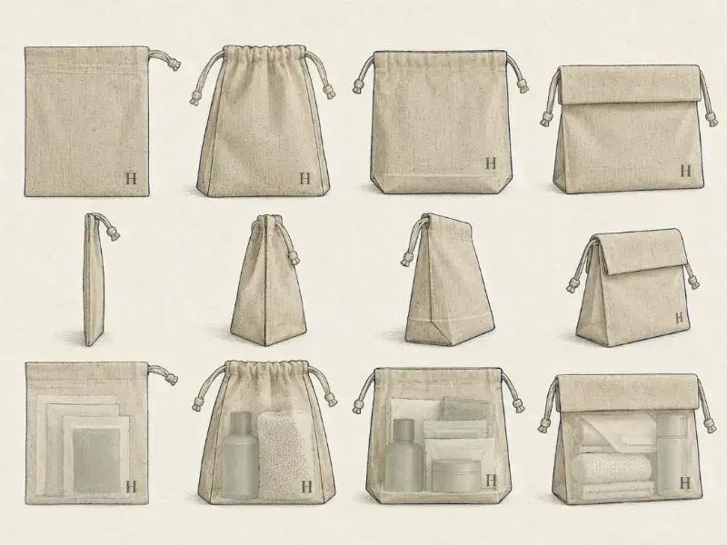 Custom Amenity Bag Capacity and Shape Comparison Technical illustration comparing flat, gusseted, structured-bottom and fold-over fabric pouches