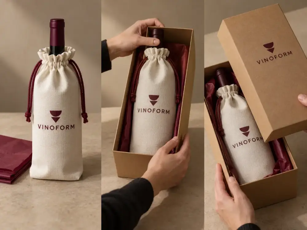 Custom Bottle Bags With Secondary Gift Packaging Step-by-step concept showing a bottle bag placed into an open gift box and then closed for presentation