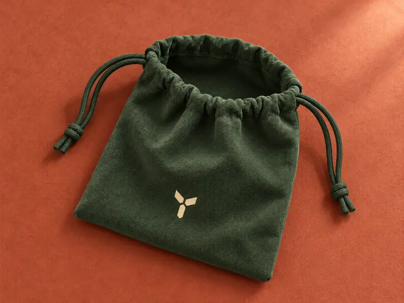 Drawstring Toiletry Bag Closure Detail Green drawstring toiletry pouch with an abstract logo mark and visible cord-channel construction