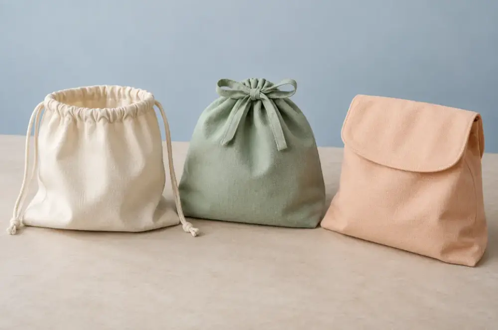 Dust Bag Closure Options Concept Three complete dust bags showing double drawstring, centered fabric tie and fold-over flap closures.