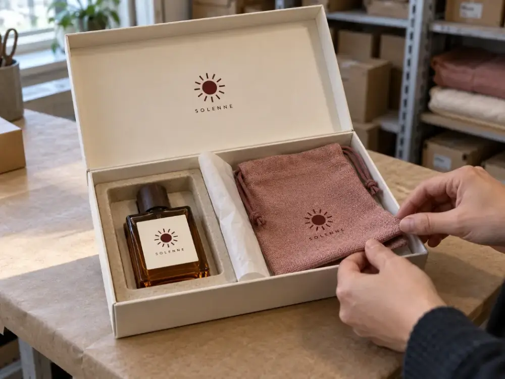 Fragrance Gift Set Unboxing With a Reusable Pouch Fragrance bottle and branded drawstring pouch in separate compartments of an open rigid gift box