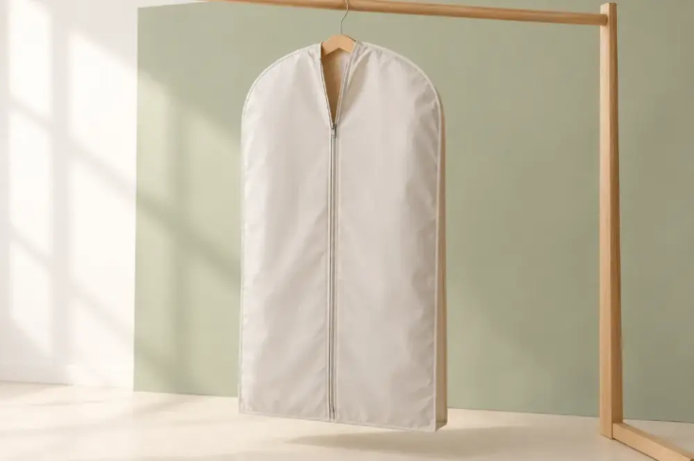 Garment Bag Hanger Zipper and Gusset Structure Warm-grey garment bag showing hanger opening, full-length zipper, side gusset and closed lower edge.