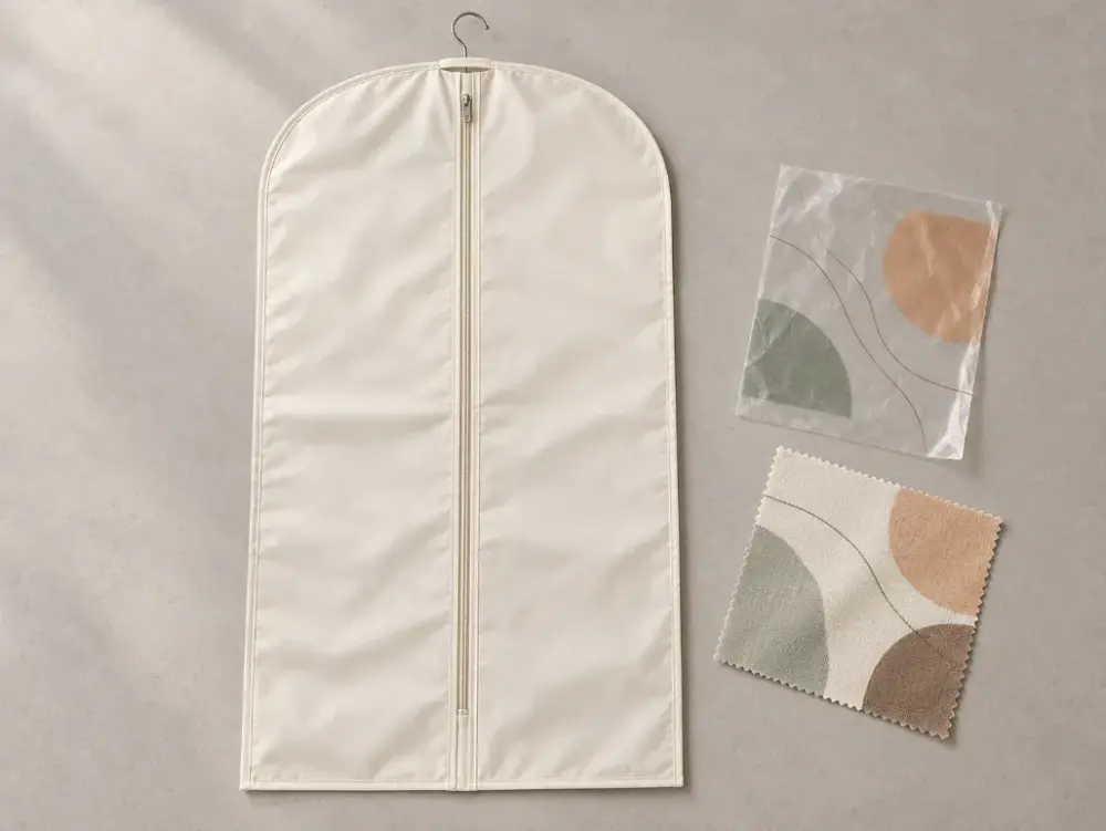 Garment Bag Logo Method Comparison Complete garment bag with small unlabelled areas suggesting ink-like, stitched and foil-like decoration directions.