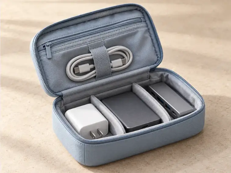 Loaded Electronics Pouch Construction Concept Open electronics pouch holding a charger, portable SSD, USB hub and cable in separated padded sections.