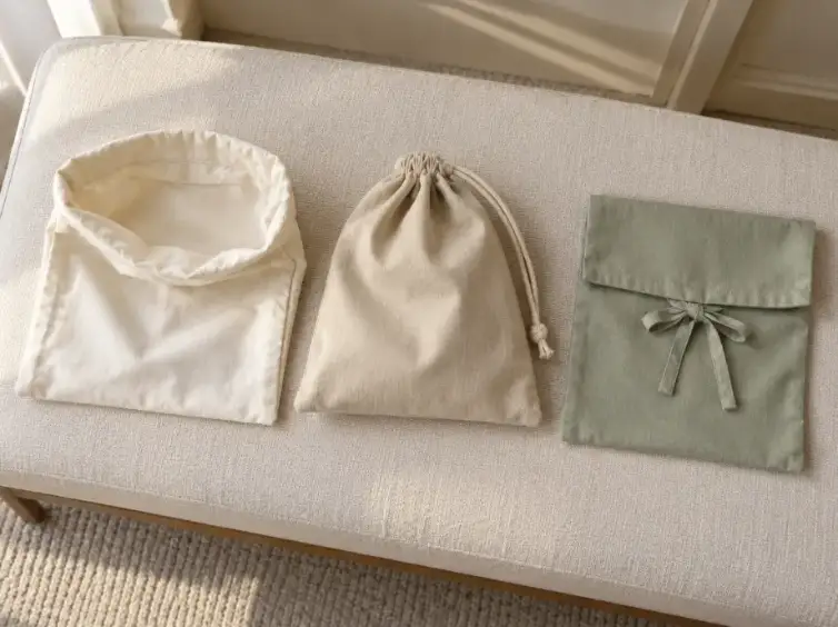 Luxury Dust Bag Size Closure and Presentation Formats Three neutral cotton dust bags showing open, drawstring and fold-over flap presentation formats.