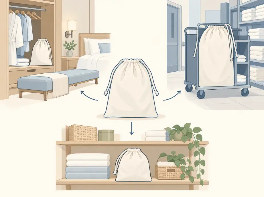 Material and Construction Details for Fabric Laundry Bags Cotton fabric laundry bag showing weave, drawstring channel, seam and bottom edge