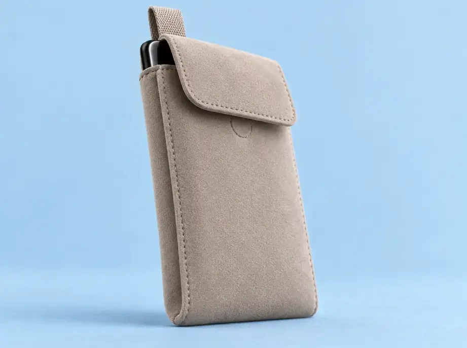 Phone Pouch Closure and Side Structure Concept Low-angle view of a soft phone sleeve with a fold-over flap, pull tab and stitched side gusset.