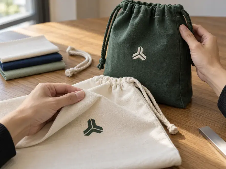 Reviewing Hotel Laundry Bag Logo Samples Buyer checking printed and embroidered hotel laundry bag samples with fabric swatches and drawcord details