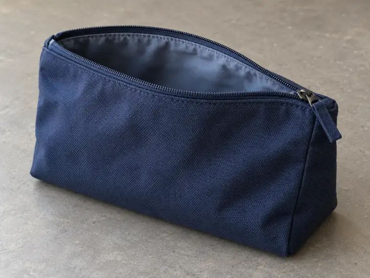Travel Bag Gusset and Zipper Detail Open navy fabric travel pouch showing zipper opening, lining edge and bottom gusset
