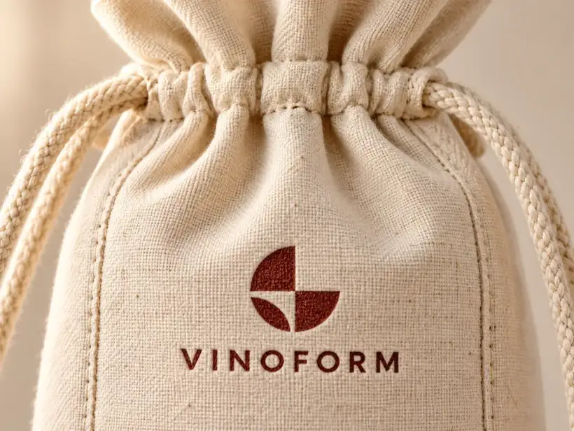 Wine Bottle Bag Orientation From Flat to Carried Four illustrated stages showing a logo wine bottle bag flat, filled, closed and carried by its drawcords