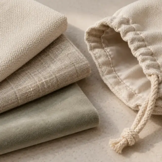 Amenity Bag Material and Lining Options Cotton canvas, linen-look and smooth soft fabric samples beside a lined drawstring pouch edge