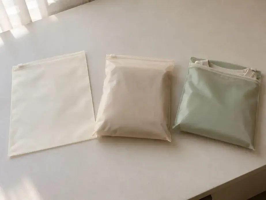 Clothing Bag Sample and Specification Risk Signals Three folded-clothing bag samples showing subtle zipper, gusset and fit differences on a review table.