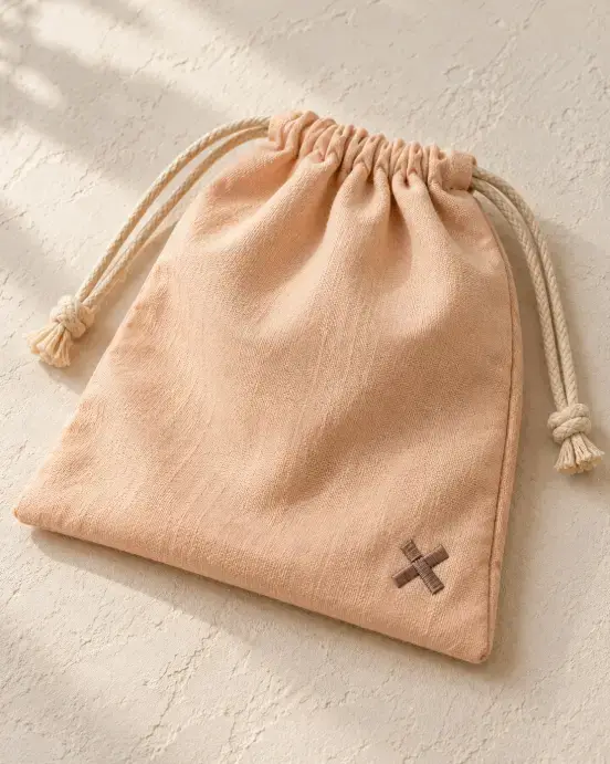 Cotton Dust Bag Logo Placement Detail Soft-apricot cotton drawstring pouch with a small abstract embroidered emblem near the lower front corner.