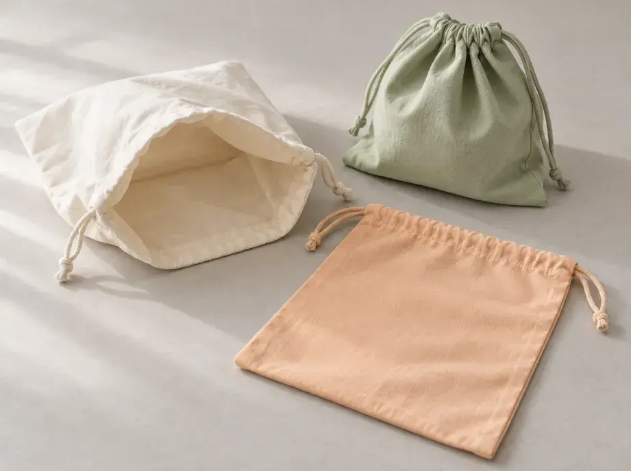 Custom Dust Bag Logo Placement Concept Three unbranded dust bags with abstract monogram, embroidery and woven-tab placement examples.
