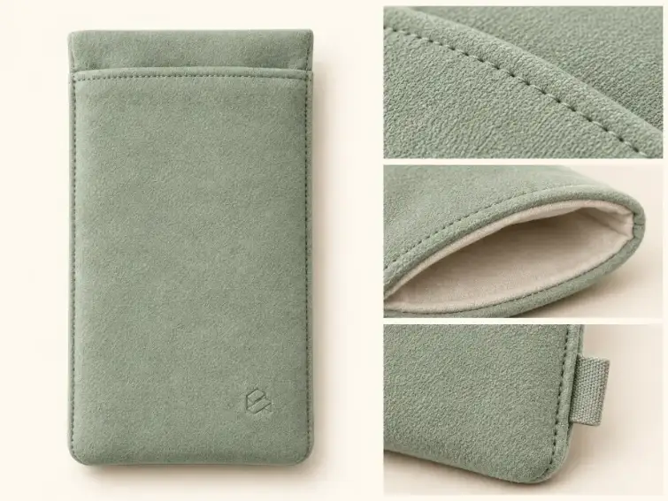 Custom Phone Pouch Branding and Construction Concept Multi-panel concept board showing a pouch front, textile texture, lining detail and woven-tab placement.