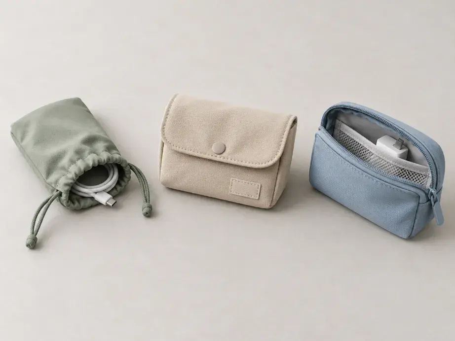 Electronics Pouch Closure and Organization Options Three soft electronics pouches showing drawstring, fold-over flap and zipper opening directions.