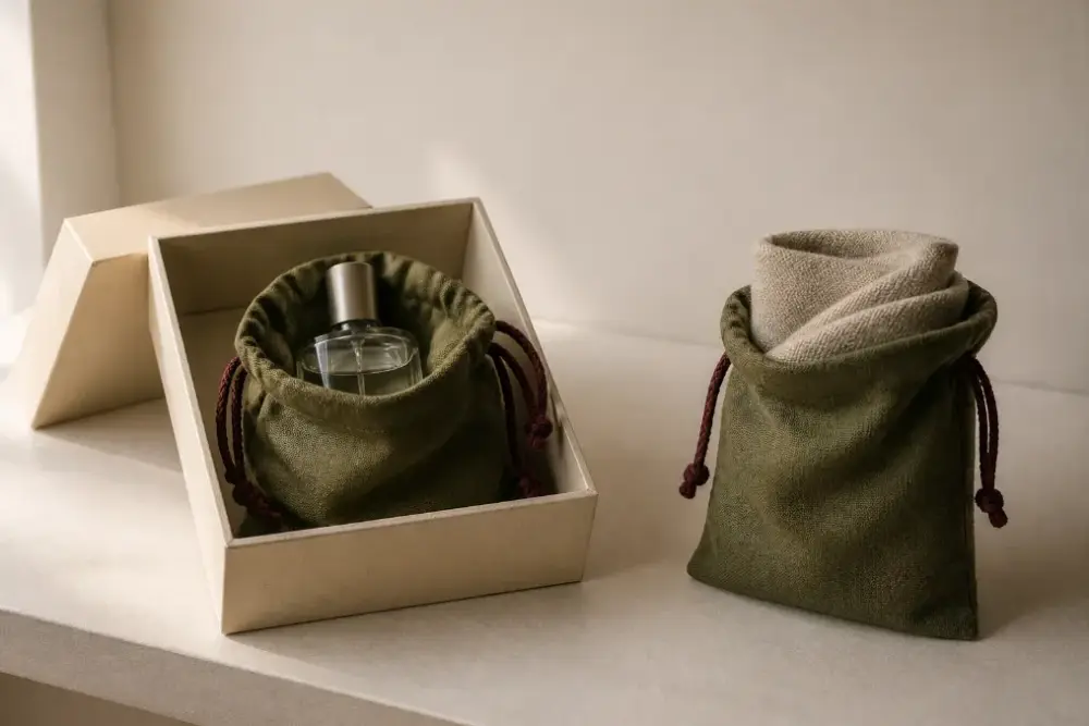 Fabric, Color, and Finish for Perfume Pouches Ivory, linen-like, satin-like, and brushed fabric samples for perfume pouch packaging