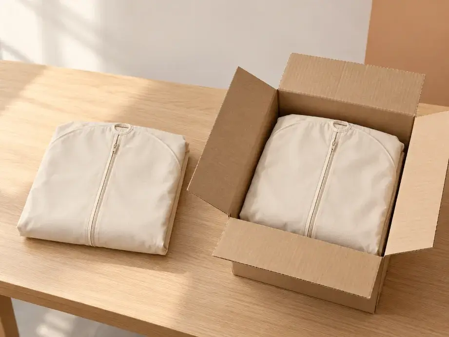 Garment Bag Folding and Carton Packing Folded beige garment bag placed beside an open plain transport carton on a warm packing table.