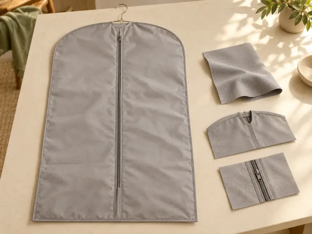 Garment Bag Logo Colour and Line Detail Ivory garment bag with abstract artwork shapes beside plain film and fabric material pieces.
