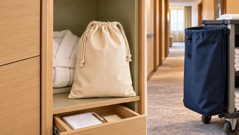 Laundry Bag Size, Closure and Presentation Choices Gusseted fabric laundry bag beside a partially folded flat pouch