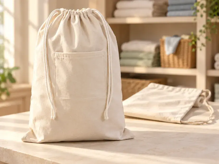 Laundry Bag Size, Closure and Presentation Choices Gusseted fabric laundry bag beside a partially folded flat pouch