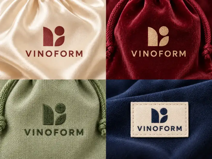 Logo Application Options for Custom Wine Bags Four fabric wine bags showing contrasting logo applications on satin, velvet, canvas and woven fabric