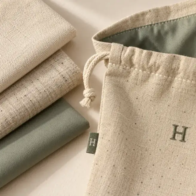 Material and Lining Details for Amenity Bags Cotton, linen-look and microfiber fabric samples with pouch lining, seams and drawstring channel