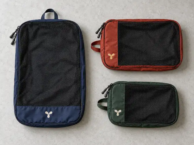 Packing Cube Size Set and Logo Placement Large, medium and small custom packing cubes with mesh panels and abstract logo marks