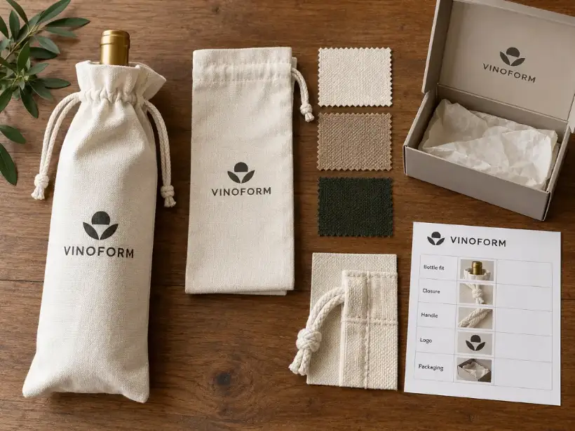 Pre-production Sample Review for Custom Bottle Bags Top-down sample review board with bottle bags, fabric swatches, logo artwork, closure samples, and a buyer checklist
