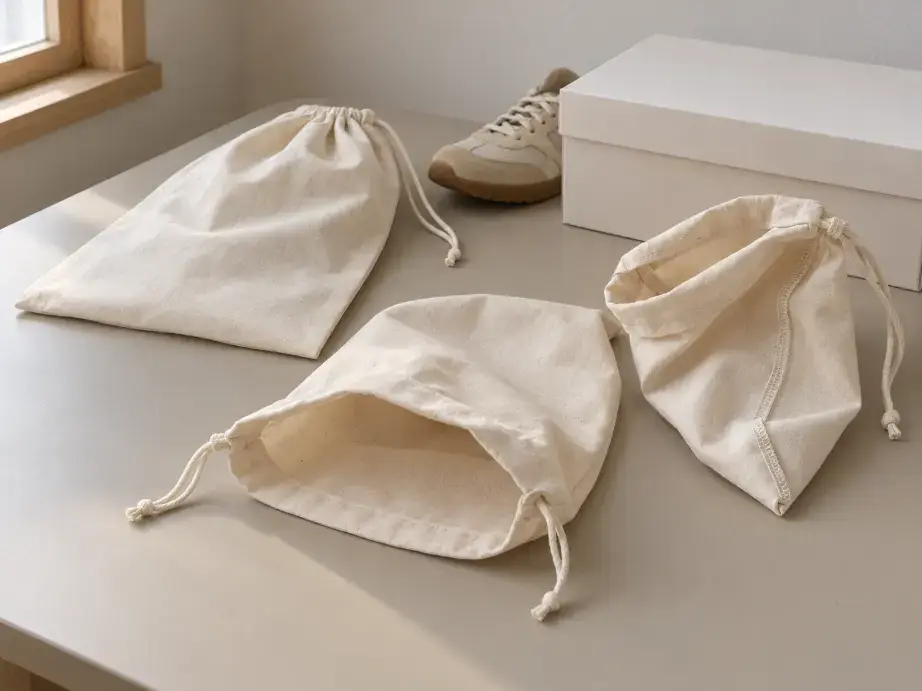 Shoe Dust Bag Closure and Logo Placement Warm-grey cotton shoe dust bag showing a gathered drawstring opening and small abstract front emblem.