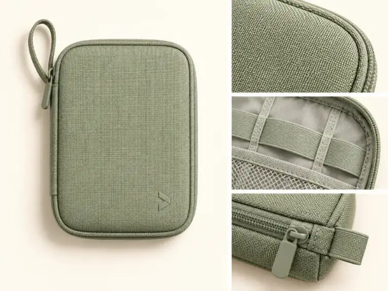 Single Cable Pouch vs Complete Tech Kit Concept Slim single cable pouch beside a coordinated two-piece tech pouch kit in different sizes.